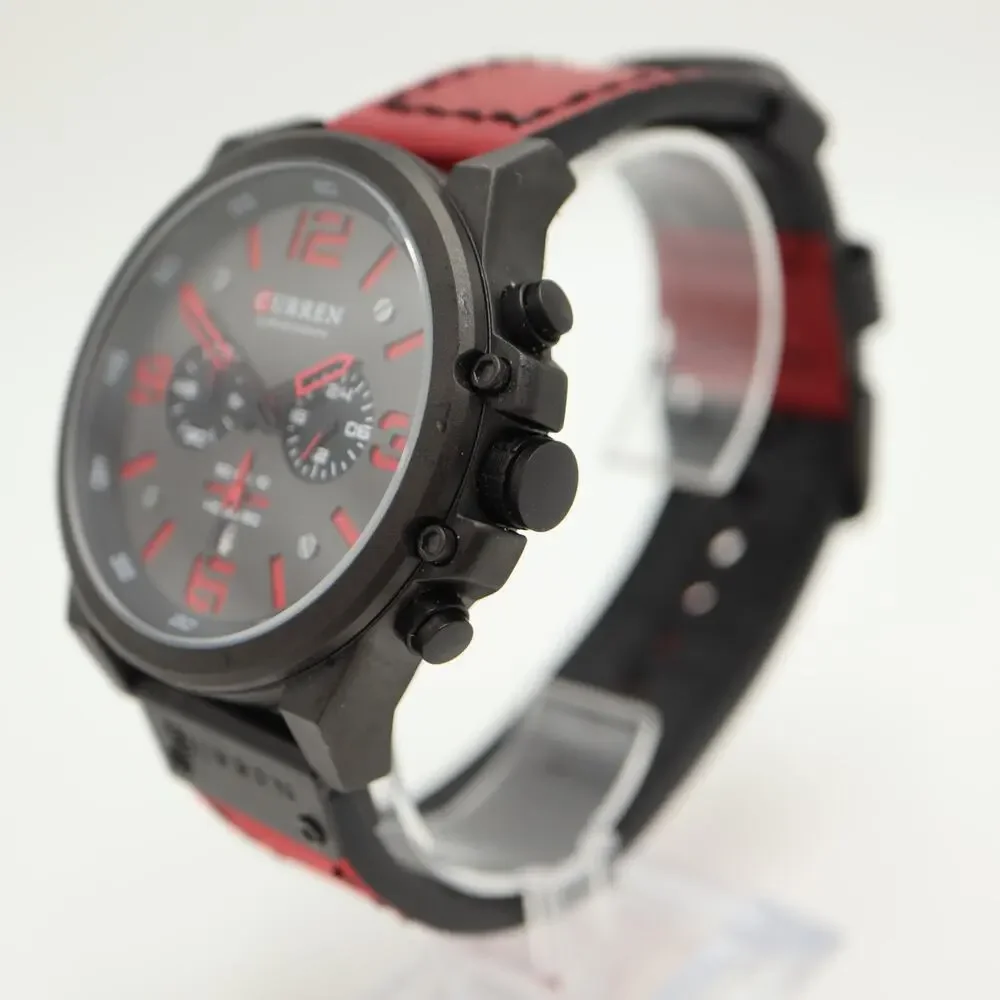 Curren Black Red Jumbo 48mm Chronograph Watch Genuine Leather w New Battery